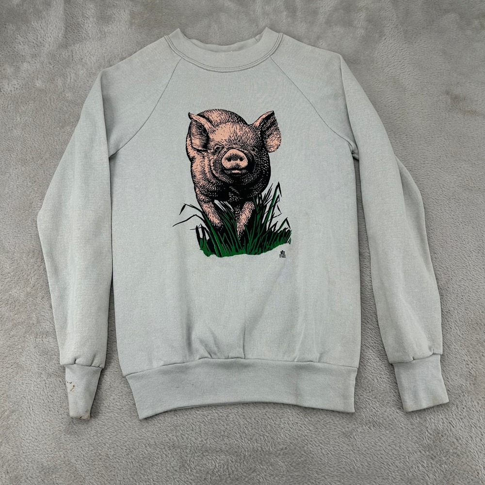 VTG 80s Varat Sportswear Pig Graphic Sweatshirt Mens S Gray Pullover Retro USA